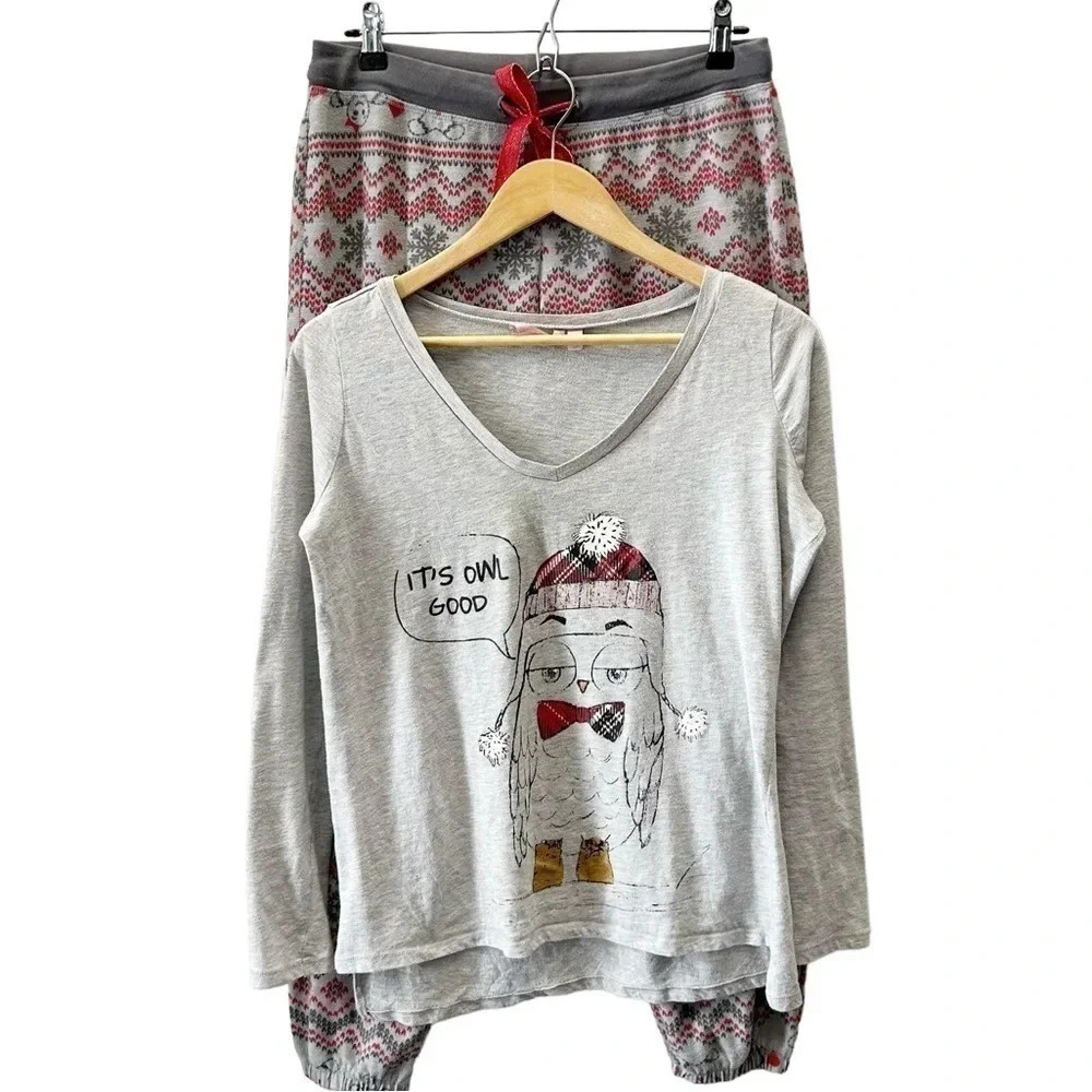 La Vie en  Rose Pajama Set 2PC PJ Pants Long Sleeve PJ Top Grey Red Small